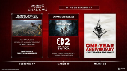 Inverno em Assassin’s Creed Shadows: Roadmap detalha salto manual e expansão no Switch 2