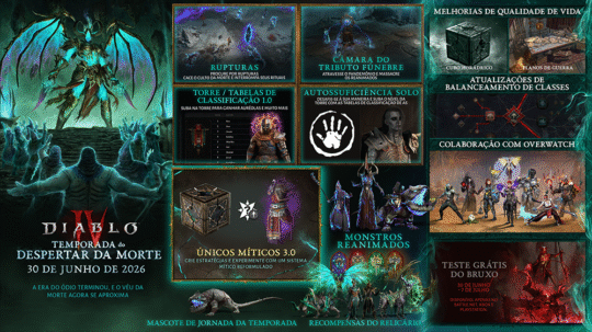 Diablo IV recebe a Temporada do Despertar da Morte com novidades na progressão e teste gratuito do Bruxo